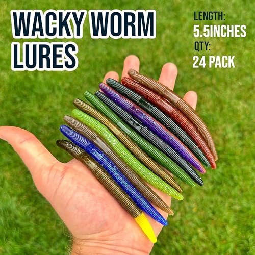 Reaction Tackle Wacky Worms, 5.5 Inch Salt Impregnated Soft Plastic Stick Bait Bass Fishing Lures for Finesse, Wacky, Neko, Texas and Carolina Rigs, 24 Pack - color: Green Pumpkin