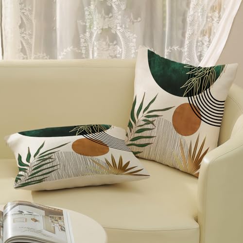 Boho Pillow Covers 18x18 Set of 2 Gold Green Throw Pillows Modern Mid Century Pillowcase Tropical Leaves Orange Sun Decorative Pillows Outdoor Decorations Bohemian Cushion Case for Sofa Home - color: Green-mid Century 1, size: 18" x 18" (Pack of 2)