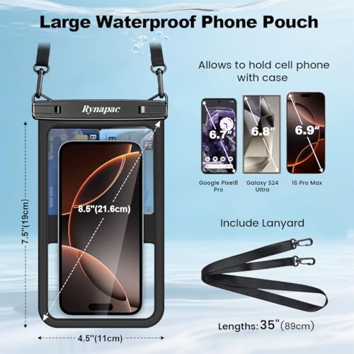 Rynapac Large Waterproof Phone Pouch [Up to 8.5"] - 2 Pack IPX8 Waterproof Phone Case for iPhone 17 16 15 Pro Max Galaxy S26 Ultra, Touchscreen & Underwater Photography, Beach Cruise Essentials 2026 - color: [Blue + Black] Large Waterproof Phone Pouch, si