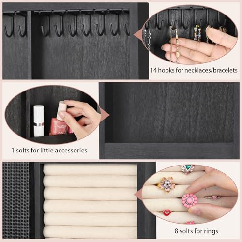 Keebofly Wall Mounted Jewelry Organizer With Rustic Wood Large Space Jewelry Cabinet, Holder, Storage Box for Necklaces, Earrings, Bracelets, Ring Holder, and Accessories Black - color: Black