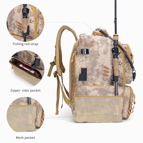 Rabjen Fishing Tackle Backpack, 45L Storage Waterproof Travel Bag Store Fishing Gear with Insulated Top Pocket - color: Camouflage Khaki, style: Standard Size 4 Tackle Boxes Not Included 900d Nylon