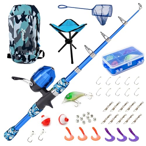 Lanaak Kids Fishing Pole, Kids Portable Telescopic Fishing Rod Set, Tackle Box and Fishing Net Combo Kit, Kids Fishing Gear for Boys and Girls Age 5-10 and Youth - color: Camo Blue, size: 1.5m or 4.9 FT