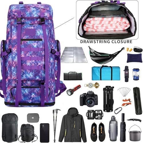 Hiking Backpack for Men 70L/100L Camping Backpack Military Rucksack Molle 3 Days Assault Pack for Climbing | Camping Backpack - color: 100l-purple Tie-dye