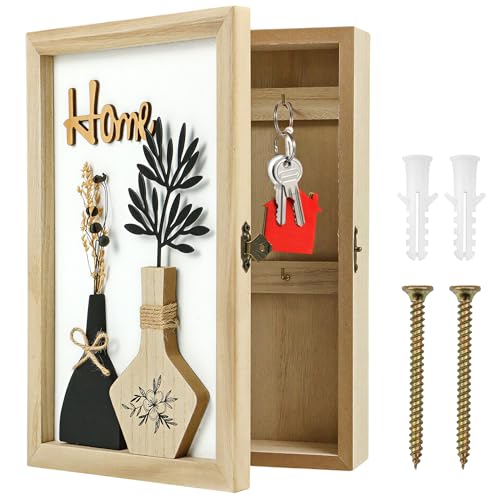Hidden Key Holder for Wall - Wooden Key Box Wall Mount Decorative Cabinet with 6 Hooks, Rustic Beige Wood Keychain Organizer, Access Card Hangers Rack Storage for Home Entryway Hallway Office Decor