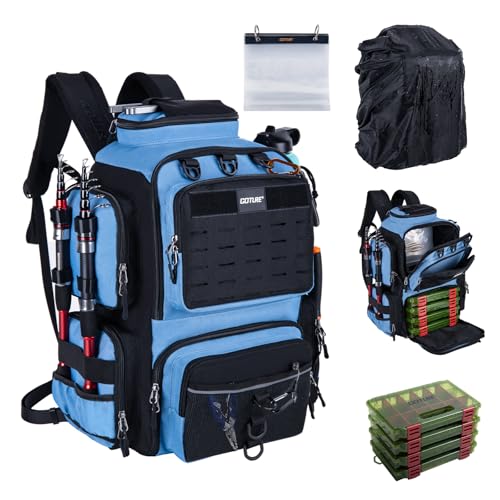 Goture Fishing Backpack with 4 Tackle Boxes,900D Water-Resistant Tackle Backpack with Rod Holders,SBS Zippers,45L Large Tackle Storage Gear Bag with Rain Cover,Bottle Holder for Travel Camping Hiking - color: A1:Blue Black, size: Include 4 Tackle Boxes