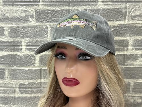 Fishing Baseball Cap for Men Women, Adjustable Embroidered Hat | Fishing Gear, Outdoor Adventure Design, Precision Embroidery Craft, One Size Adjustable Fit - color: Rainbow Trout (Washed Army Green)