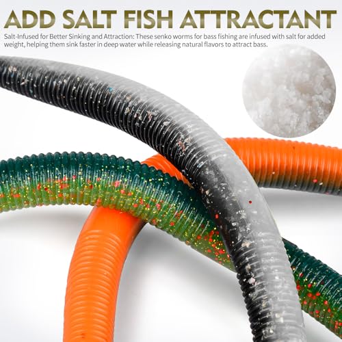 Soft Plastic Worm Bass Fishing Lures, 4"/5" 50/100pcs Plastic Fishing Lure Wacky Worm Rig + 10pcs Grub Baits Hook, Soft Worms Lure Set for Bass (110 Pack) - color: 058-110PCS-4/5 Inch