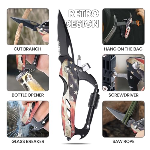 FUNBRO Multitool Carabiner Knife Tools for Men, Cool Gadgets Survival Gear with Folding Knives, Bottle Opener, Window Breaker and Screwdriver for Hiking Camping, 7-in-1 EDC Multi Tool (USA Flag) - color: Usa Flag