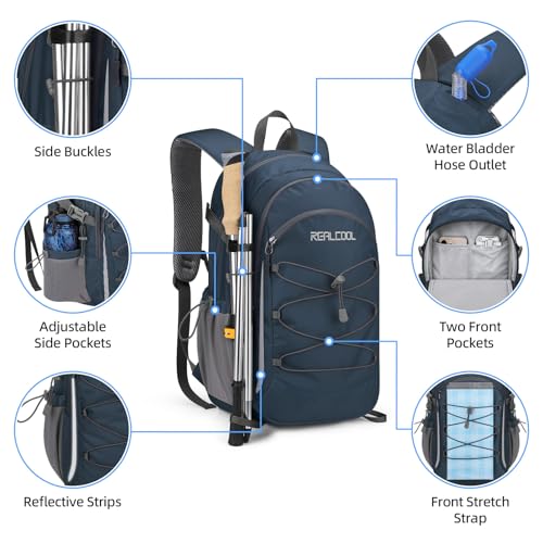 RealCool 20L Lightweight Hiking Backpack, Waterproof Daypack for Camping | 210D tear-resistant nylon, breathable shoulder and back panel, Multi-Compartment,hydration system,reflective strip,bungee net - color: Blue, size: 20L