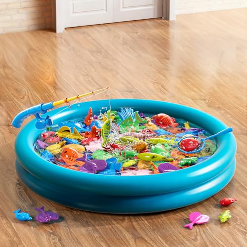 NIPLOOOW Pool Fishing Toys Games, Water Table Bathtub Toy with Inflatable Pool Pole Rod Net Plastic Floating Fish, Birthday Gifts for Kids Age 3 4 5 6 Year Old,Kids Outdoor Toys - style: 60PCS + Large Fishing Pool