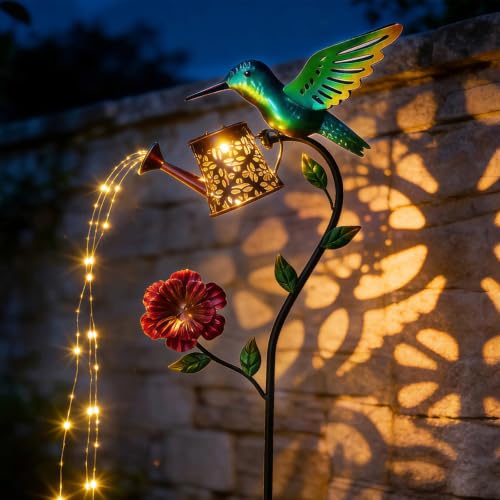 36 Inch Solar Hummingbird Lights, Solar Garden Decor with Watering Can Lights, Hummingbird Hanging Lantern Outdoor Decoration for Outside Yard Patio Porch Lawn Backyard, Birthday Gifts for Mom Women - color: Hummingbird Water Can