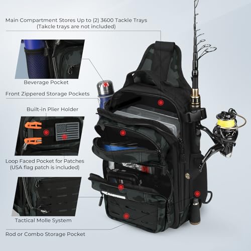 KastKing BlowBak Tactical Sling Tackle Bag-Lightweight Fishing Backpack Storge Fishing Gear and Equipment,Gift for Men - color: B: Black Camo（14” X 8” X 6”）, size: Standard