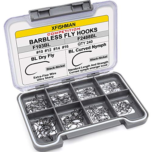 Fly-Hooks-for-Fly-Tying-Dry-Wet-Barbless-BL-Nymph-Flies Curved Czech Scud Fishing Hooks 10# ~16# Assortment Pack of 100-240 Hooks with Box - color: Barbless Fly Hooks F103&F2488 Qty 240