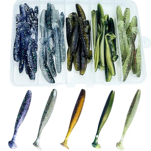 Fishing Soft Plastic Lures, Paddle Tail Swim Baits for Bass Fishing,Paddle Tail Swimbaits for for Bass Trout Walleye Lures, 30/50pcs Soft Plastic Baits with Box - color: A:1.97in/0.042oz-50pcs