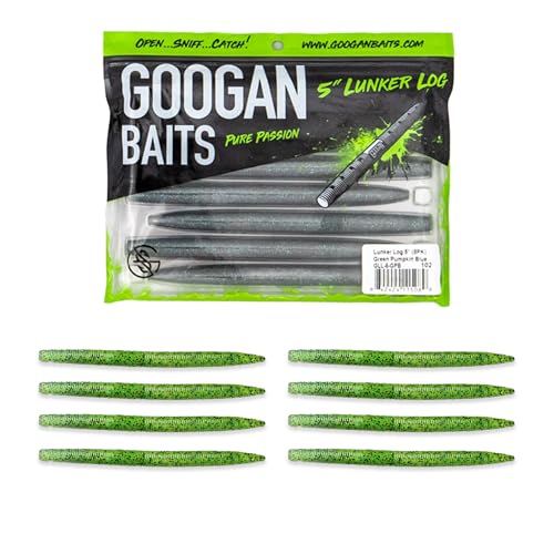 Googan Baits Lunker Log Soft Plastic Stick Bait for Bass Fishing, Classic Worm Profile for Texas Rig, Wacky Rig and Ned Rig - color: Green Pumpkin Blue