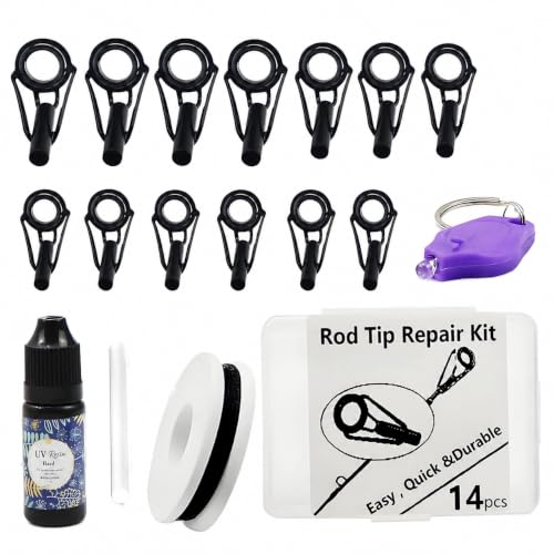 Fishing Rod Tip Repair Kit with UV Light & Glue | Complete Pole Tip Replacement Supplies for Broken Rods | 14 Sizes Top Eyelets, Wrapping Thread | Fishing Rod Repair Kit & Pole Repair Kit - color: 6+8+10#