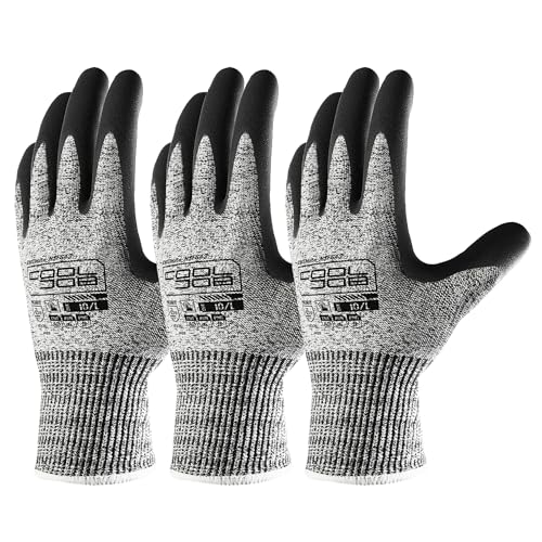 COOLJOB A3 Cut Resistant Safety Work Gloves with Nitrile Grip, Touchscreen & Flexible for Gardening Fishing Construction - color: A3 Grey (Pack of 3), size: Small