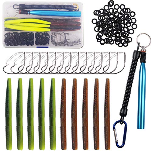 Wacky Rig Worm Hooks Fishing Tool Kit – Wacky Worms, Wacky O-Rings, Wacky Rig Tool, Wacky Weedless Hooks Soft Stick Bait Fishing Lures Hooks Kit