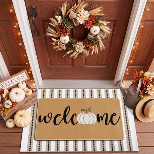 Tinideya 2 Pcs Fall Layered Doormat Set, Farmhouse Pumpkin Welcome Mat with Striped Layering Rug for Autumn Thanksgiving Outdoor Entryway Porch Decor - size: 16 x 28 Inch,24 x 35 Inch, style: Pumpkin