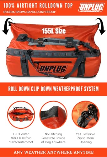 UNPLUG Ultimate Adventure | 1680D Heavy Duty Waterproof Bag | Large Travel Bag which can be Used for Camping, Motorcycling, Boating, or Hunting|155L Adventure Orange - color: Adventure Orange, size: 155L
