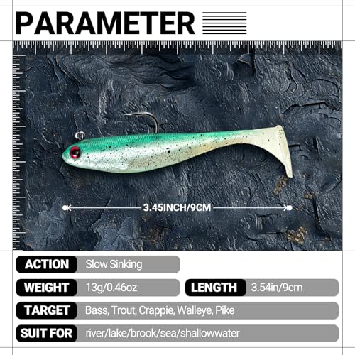 Pre-Rigged Paddle Tail Bass Lures, 3.5in 0.42oz Soft Plastic Fishing Lures with Jig Heads, Unique Swimming Action Swimbaits for Bass, Trout, Walleye, Crappie, Saltwater & Freshwater Bait