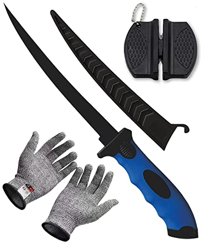 Fish Fillet Knife, 7 Inches Professional Fishing Fillet Knife Set Stainless Steel Blade in Corrosion Resistant Coating, with Sharpener and Cutting Resistant Gloves, for Fishing and Outdoor, Blue - color: Blue