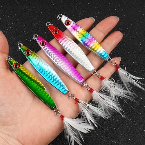 Hard Metal Jigs Fishing Spoon Lures, 5pcs Saltwater Jigging Spoons with Feather Treble Hook Fishing Jigs Casting Spoon for Freshwater Bass Striper Mackerel Halibut - size: 5pcs-14g(1/2oz)