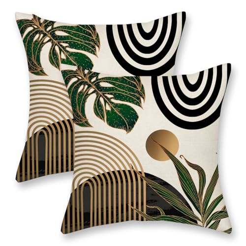 Black Boho Pillow Covers 16x16 Inch 2 Pcs Green Gold Tropical Leaf Mid Century Summer Outdoor Decor Throw Pillows Modern Geometry Farmhouse Decoration Pillowcase Linen Cushion Cover for Couch - color: Black Green Gold Boho, size: 16" x 16" (Pack of 2)
