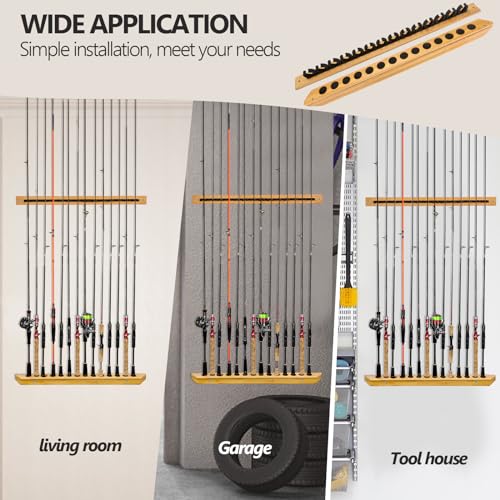 THKFISH Fishing Rod Racks Fishing Rod Holders for Garage Wood Fishing Pole Wall Rack Store 14 Fishing Rod Combos,1 Pair - color: Vertical Rod Rack-for 14 rods