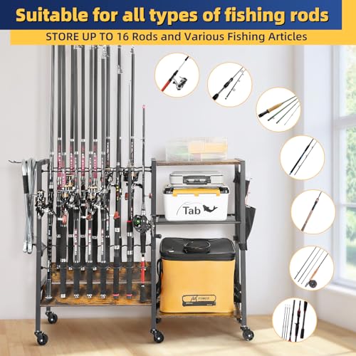 Olakee Fishing Rod Holders, Rolling Fishing Rod Rack for Garage & Boat, Tackle Box & Reel Holder Cart, Easy Assembly Fishing Gear Management System, Ideal Birthday Gift for Men Dad Anglers - color: 16 Rods,Carbonized Black