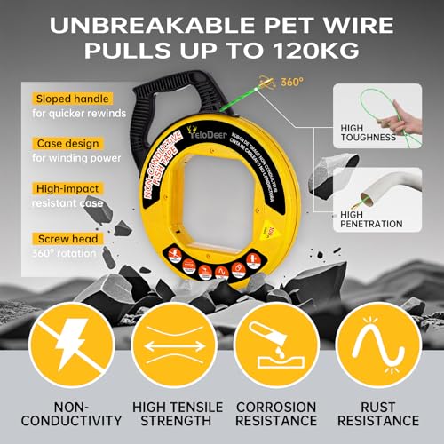 Non-Conductive Fish Tape Wire Puller 100 FT x 4.5 mm with Gloves and 7 Adapters, Flexible PET Wire Fishing Tools for Walls and Electrical Conduit, Rust-Proof - size: 100Ft kit
