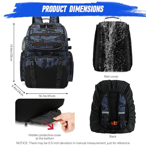 RUCYEN Fishing Backpack, 45L Large Cooler Fishing Tackle bag with Rod Holders & Rain Cover, Water-resistant Store Fishing Gear - color: Black Camo