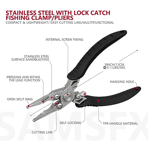 SAMSFX Mini Snap Split Ring Fishing Pliers with Retractors Combo, Scissors Braid Cutters, Lightweight Stainless Steel Fly Fishing Tools, Split Ring Pliers, Hook Remover