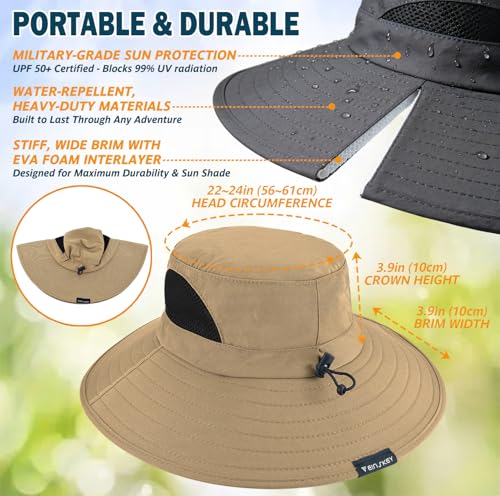 Wide Brim Sun Bucket Hat, Waterproof Boonie Hat for Men & Women | UPF 50+ UV Protection, Adjustable Fit, Chin Strap & Sweatband, Foldable Durable for Fishing Hiking Garden Beach - color: 01 Camel