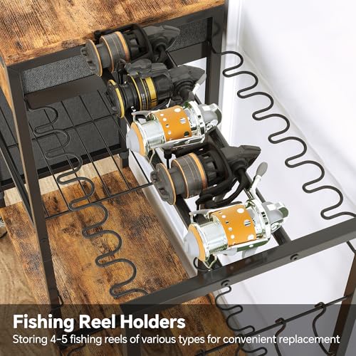Homeiju Fishing Rod Holder, Fishing Pole Holders for Garage Boat Fishing Gear Storage with Drawer and Wheels, Holds 16 fishing rods for Home Entryway Corner,Rustic Brown