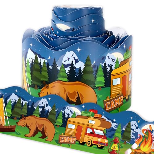 Whaline 32.8Ft Camping Bulletin Board Border Cartoon Bear Tent Campfire Forest Die Cut Trim Border Roll for Classroom Chalkboard Wall Decor - style: Bear Camping