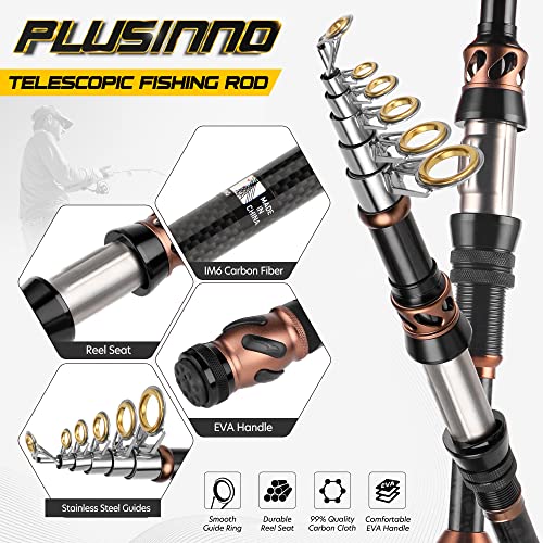 PLUSINNO Fishing Rod and Reel Combos - Carbon Fiber Telescopic Fishing Pole - Spinning Reel 12 +1 Shielded Bearings Stainless Steel BB - color: 2PACK Full Kit with Carrier Case, size: 2.1M 6.89FT