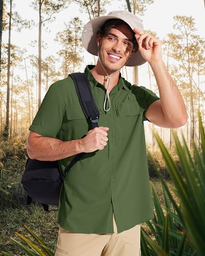 MAGCOMSEN Men's Fishing Shirts UPF 50+ Short Sleeve Sun Protection Shirts Quick Dry Cooling Button Down Shirt Hiking Safari - color: Army Green, size: Large