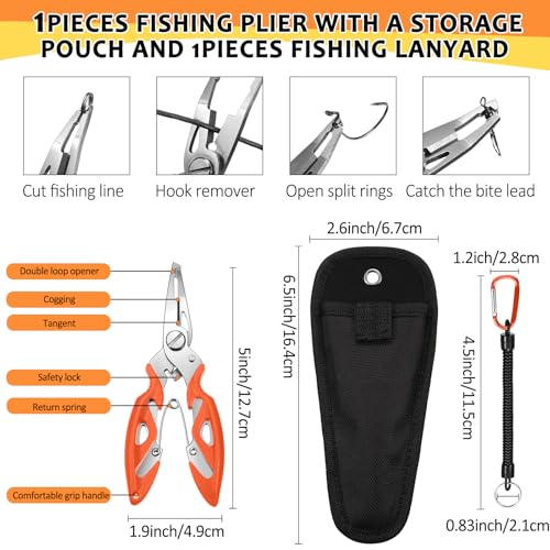 Skylety 200 Pcs Fishing Stainless Steel Split Rings, 50 Treble Hooks, Lure Tackle Connector Fishing Pliers, Fish Lanyard and 876 Lure Eyes for Tackle Fish - color: Orange