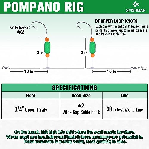 Pompano-Rigs-for-Surf-Fishing-Saltwater-Gear with Double Circle & Wide Gap Hook-6-Pack Surf Fishing Tackle - color: Green Floats 6-Pack, size: #2 Wide Gap Hook