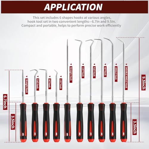Hook and Pick Set – 10PCS Precision Pick Tools with Non-Slip Grip for Automotive, O-Ring, Seal & Gasket Removal, Mechanical and DIY Use Tool Set, Picks Precision Hooks Puller Remover Tools - color: red