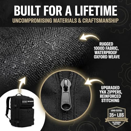 WOLFpak 35L Tactical Gym Backpack (Alpha Black White Accents) Durable 1000D Waterproof Oxford Material with MOLLE Webbing, Laptop Pocket & Dual Cup Holders, Durable Fitness/Travel/Military Daypack - color: Alpha Black White Accents