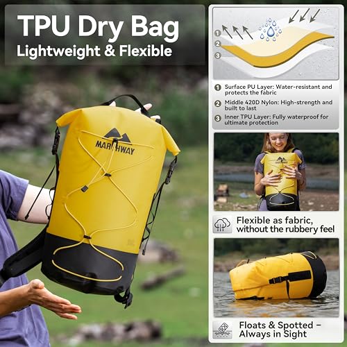 MARCHWAY Floating Roll Top Dry Bag, Flexible Lightweight TPU Waterproof Backpack 20L/30L/40L with Padded Straps for Boating, Kayaking, Swimming, Hiking, Beach (Yellow, 30L) - color: Yellow, size: 30L