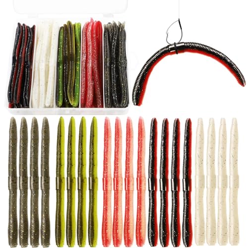 Dovesun Wacky Worm for Bass Trout Fishing Worms Kit with Soft Plastic Baits, Weedless Hooks, Bass Hooks,Weedless Jig Head, Wacky Rig Tool, O-Rings, Weight 152Pcs/131Pcs/50Pcs - color: A-50PCS Wacky Worms Kit