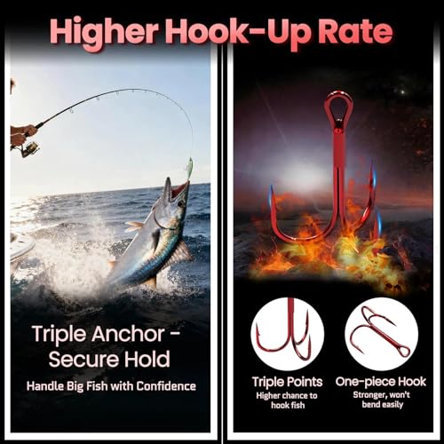 FishTrip Fishing Treble Hooks Red, 25pcs Triple Hooks High Carbon Steel Barbed Sharp, Replacement Fishing Hooks on Hard Lures for Freshwater Saltwater - size: 2#_25pcs