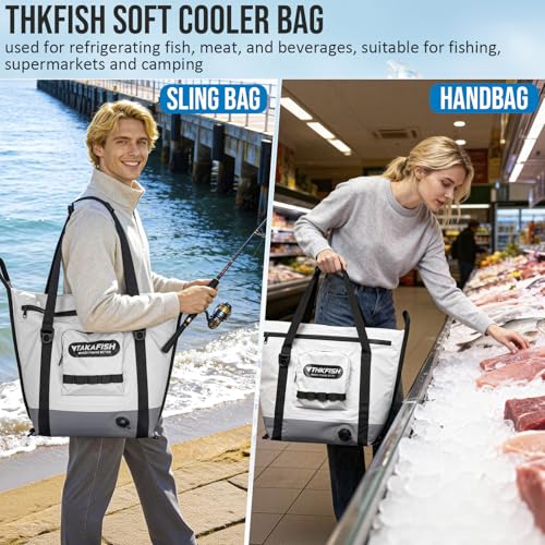 THKFISH Insulated Fish Cooler Bag, 25x17.5in Portable Soft Cooler Bag for Caught Fish, Travel, Beach, Camping, Picnic, Lunch, Fishing, 24HR Cold Retention (White-Grey) - color: White-Grey-25x17.5x8.6"