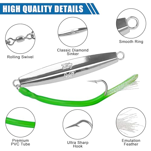 Diamond Jigs Saltwater Fishing Lures,Casting Jigging Spoon with Split Tube Tail Stainless Steel Hook Metal Jig Spoon Baits for Deep Sea Offshore Surf Fishing Bottom Sinking - color: Green-1pc, size: 4oz