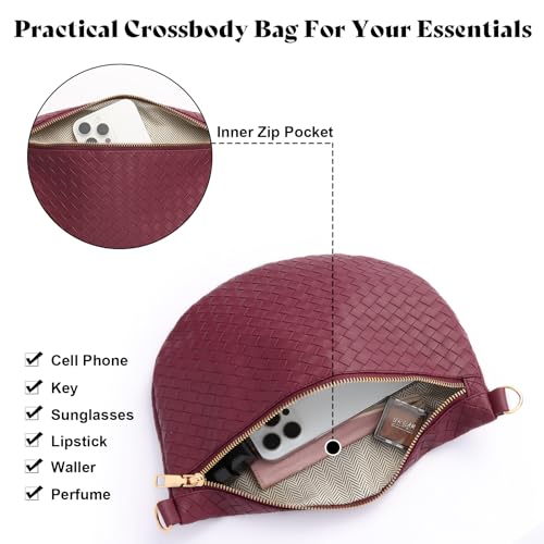 Woven Crossbody Bags for Women Leather Belt Bum Sling Purse Fanny Waist Pack Chest Shoulder Bag for Women-Burgundy - color: Burgundy