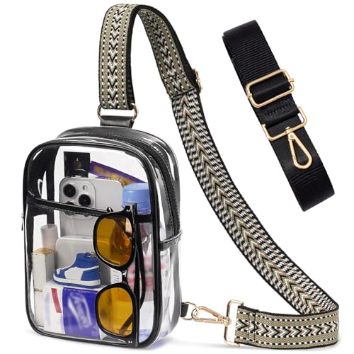 3 Pockets Clear Bag for Stadium Events with 2 Long Straps Sling Backpack Fanny Pack Concert Crossbody Purses for Women - color: 1# Black-f, style: Style 1