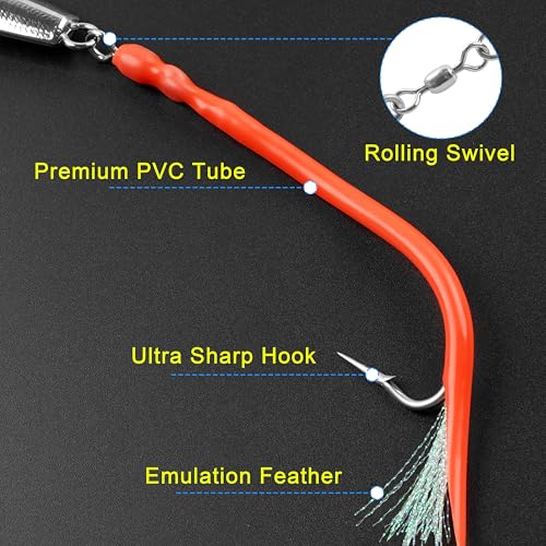 Diamond Jig Saltwater Fishing Lures Casting Jigging Spoon with Tube Tail Stainless Steel Hooks Trolling Lures Striped Bass Metal Jig for Deep Sea Surf Fishing Bottom Dragging Sinking - color: Red, size: 8 oz